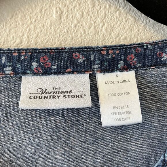 Vermont Country Store Denim Dress Womens Sm Floral Button Front Cottage Prairie - Picture 2 of 15